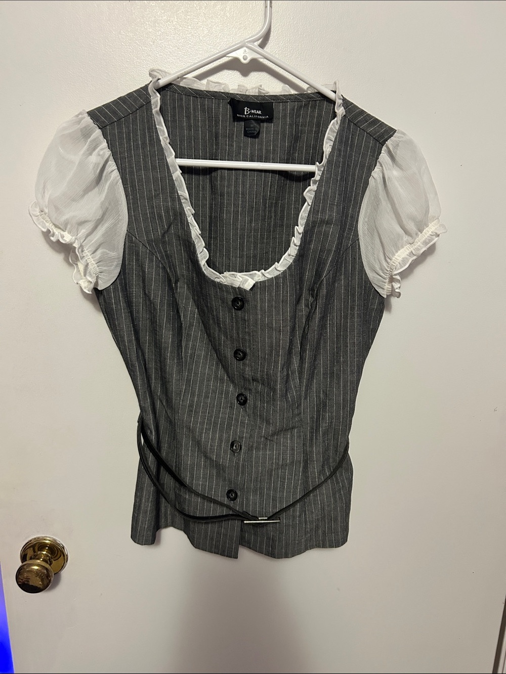 B wear vintage Gray Pinstripe Peplum Top with White Puff Sleeves size M
